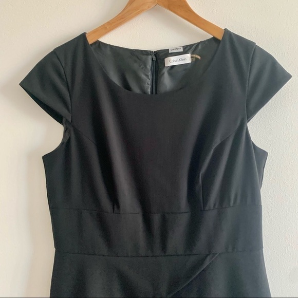 CALVIN KLEIN Simple Cap Sleeve Peplum Skirt Jewel Neck Black Midi Dress Stretch - Picture 3 of 15